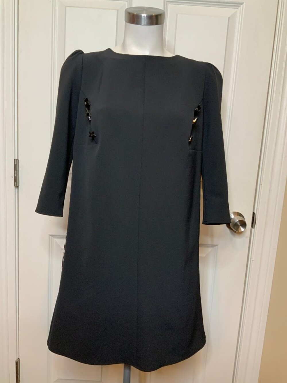 Elisabetta Franchi Black Shift Dress W/ Star Detail & Rear Panel Pattern, Size 4